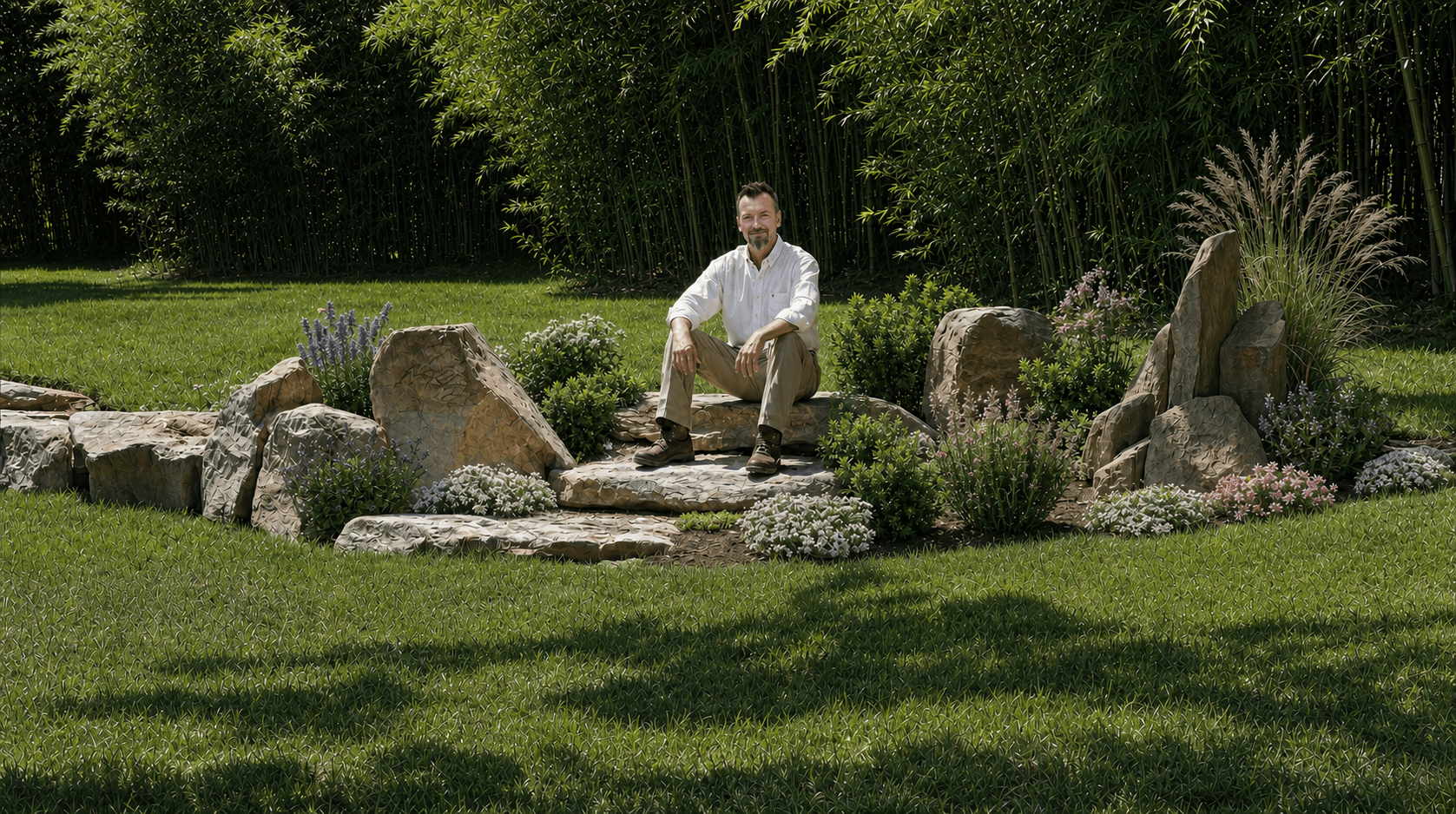 Scott sitting in a WildWorks boulder garden with perennial flowers