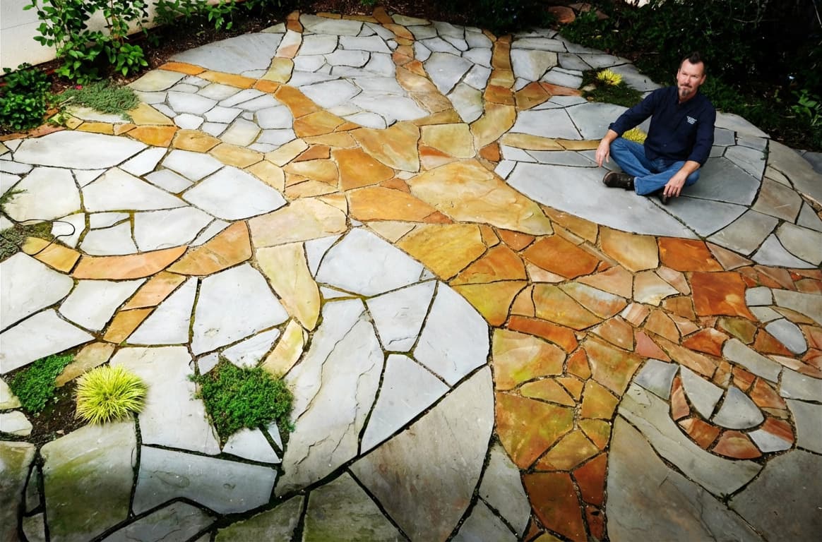Tree of Life natural stone patio concept with creeping perennial leaves